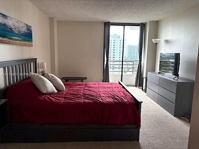 Neutral-toned interior featuring wall-to-wall carpeting, textured ceiling, and a sliding glass door providing access to an exterior balcony