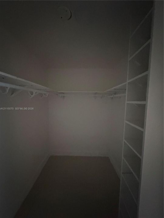Walk-in closet featuring white built-in shelving and dual-tier hanging rods