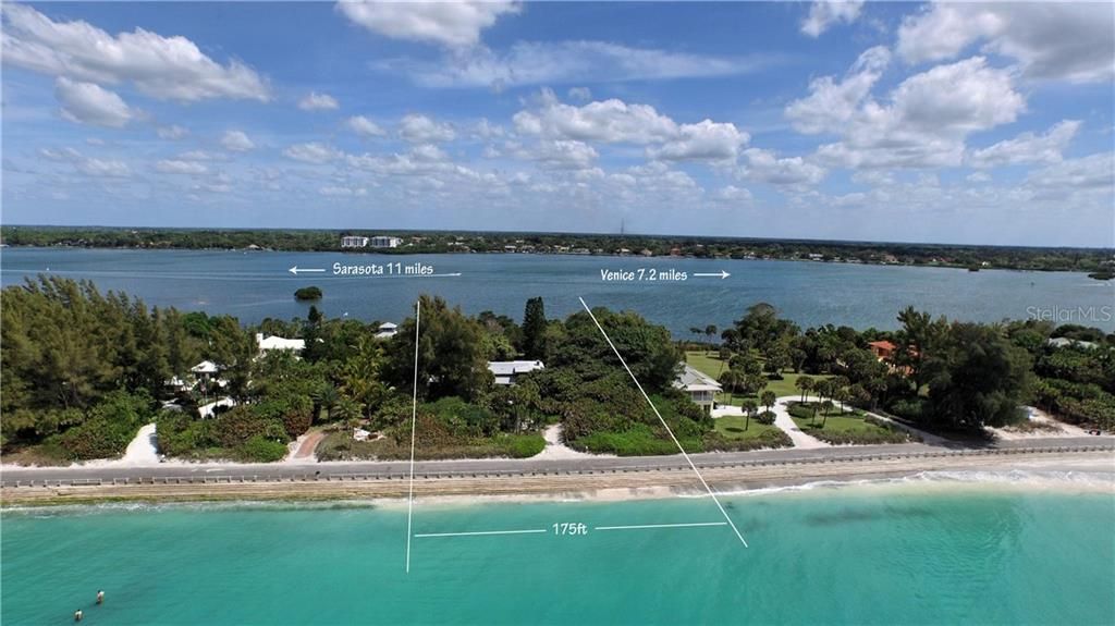 The lot has 175' on both the Gulf of Mexico and Little Sarasota Bay.  The Gulf of Mexico is accessible by boat through the Venice jetties 7 miles to the south, and through Big Pass 11 miles to the north.
