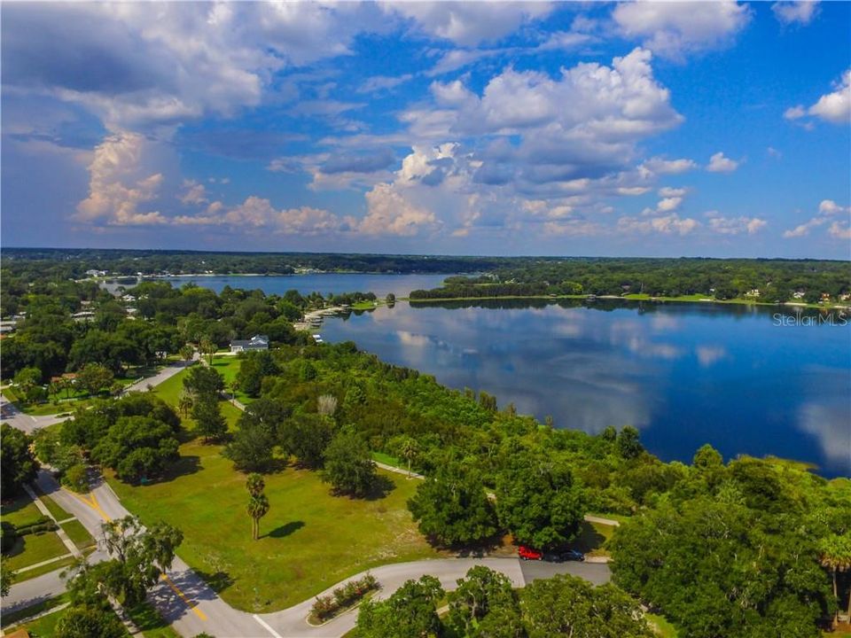 Across from peaceful walking path around Lake Gertrude.