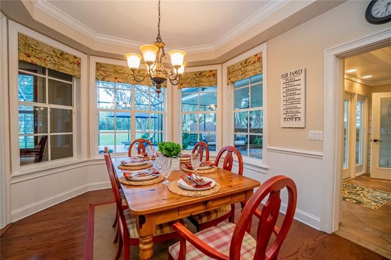 Breakfast nook open to kitchen, back foyer and family room. Stunning views of the backyard.