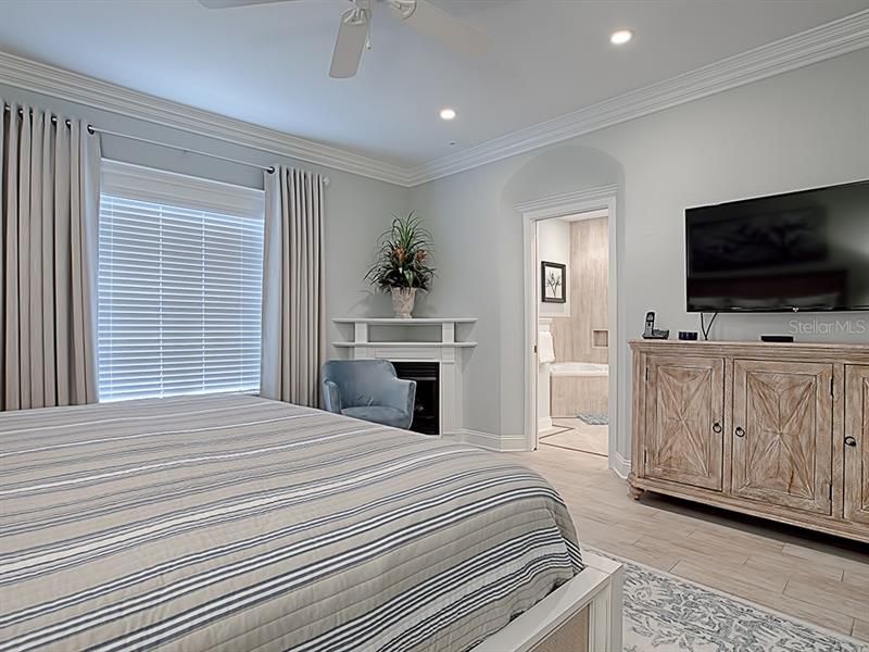 A fireplace in the master bedroom creates a relaxing ambiance! Doorway (R center) leads to fantastic Master Bathroom.