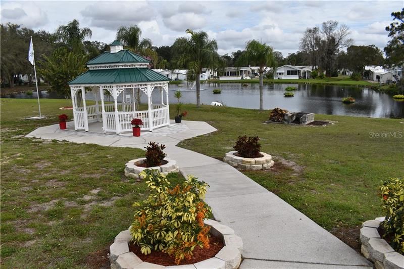 Beautiful lake and gazebo near the entrance to the park.