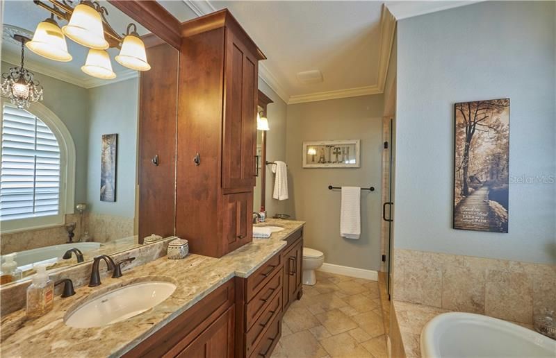 Master bath en-suite with double sinks, wood cabinets, granite counters, garden tub w/jets and separate shower.