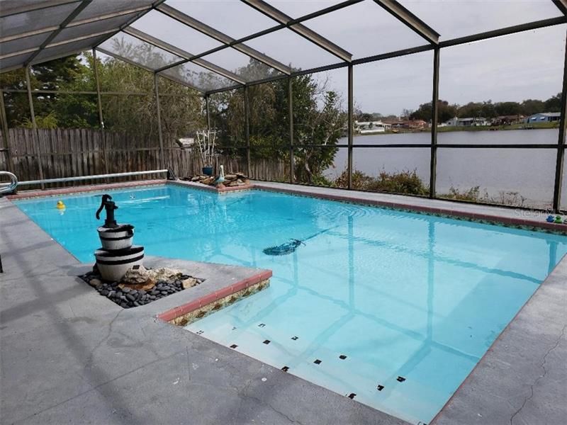 nice sized pool overlooking the lake with a couple decorator inserts