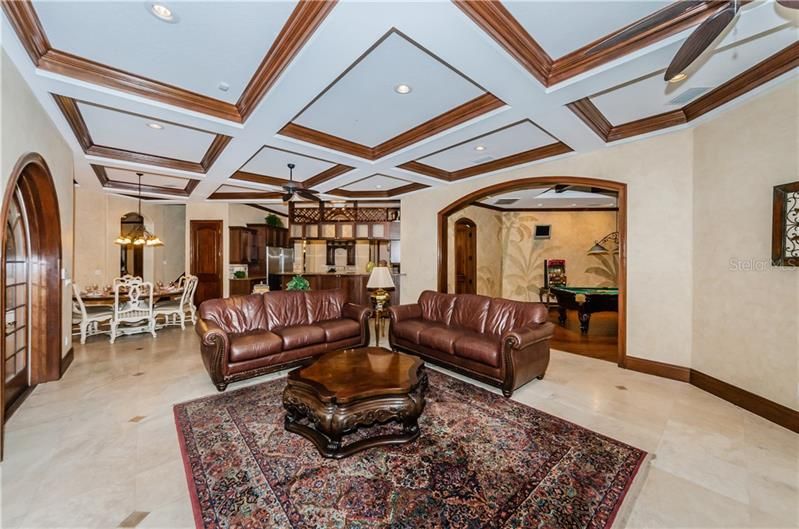 Open Family Room w/Coffered Ceilings