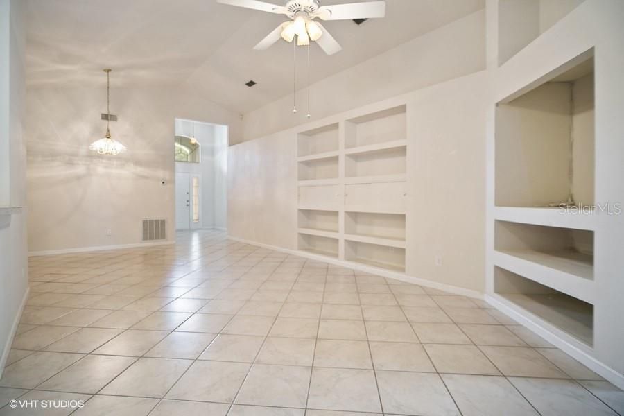 Great room with built ins View towards dining area