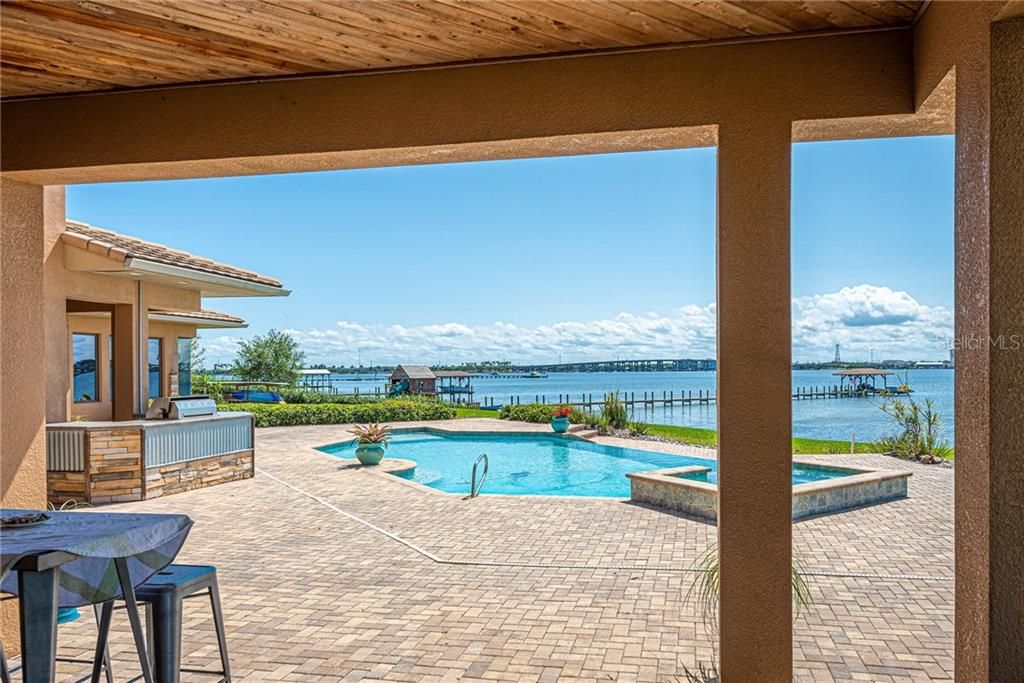 Back patio, pool over looking dock & river