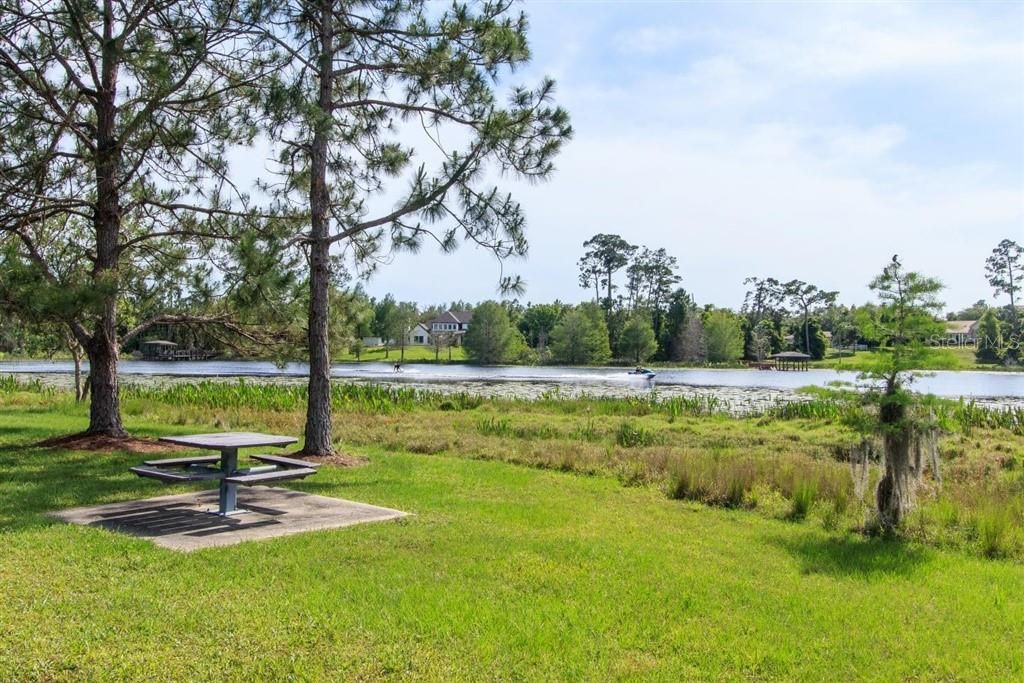 Community picnic area with lake view