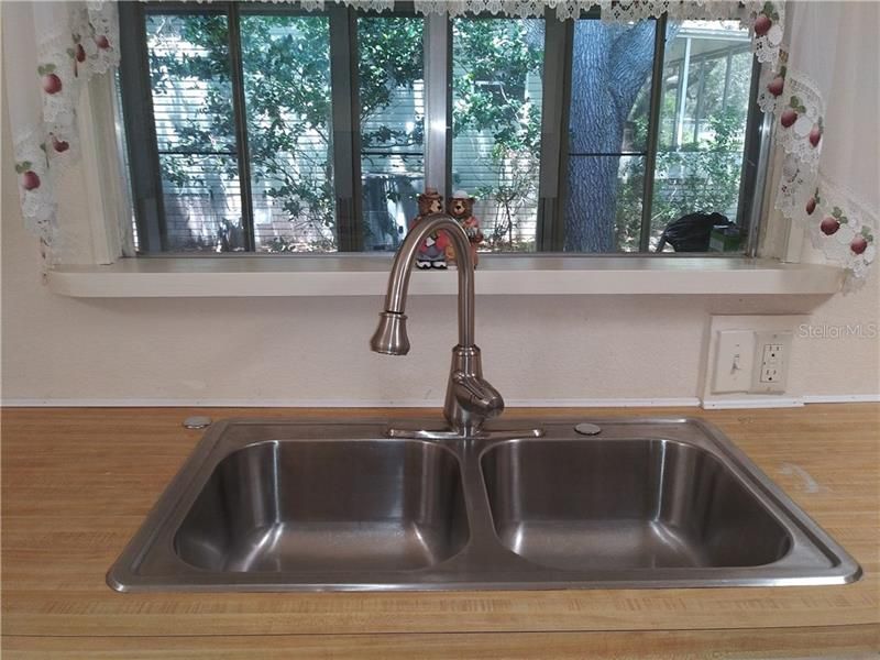 Kitchen window view, and double stainless steel sink with new faucet