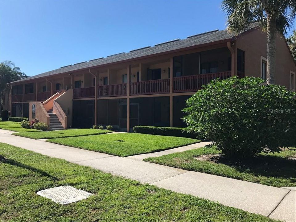 Lush healthy grass and immaculately landscaped grounds. Side walk leads from parking lot