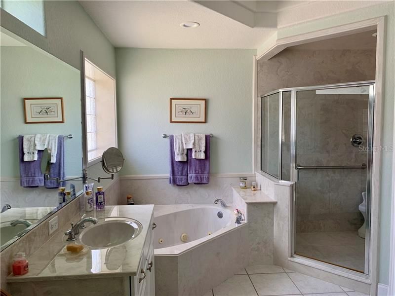 Spacious master bath with jetted jacuzzi tub and his/her sinks