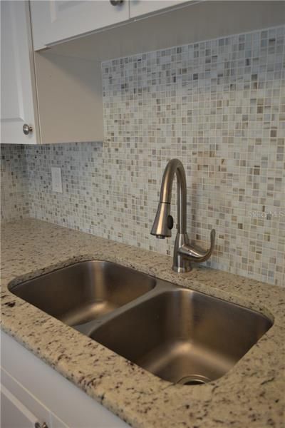 Double sink with single spray faucet.