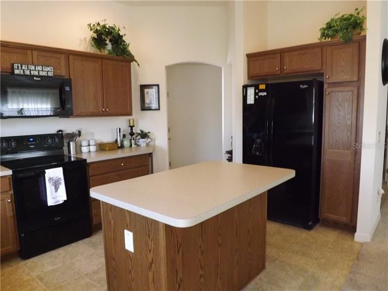 Kitchen with Vinyl Flooring, high definition beveled edge counter tops and LARGE Island with Eating space.