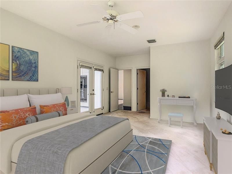 The master bedroom offers privacy along with the natural light from many windows. Situated with no adjoining walls to other rooms of the home for added quiet.