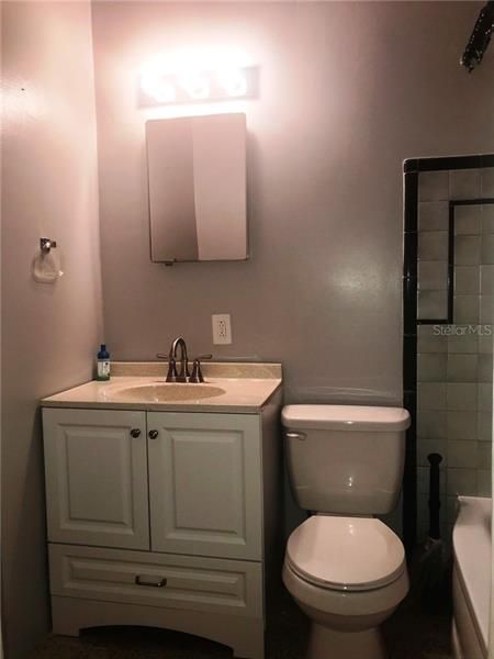 The bathroom has a newer vanity, toilet, and tub.