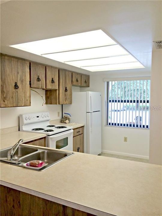 Kitchen with double stainless steel sink