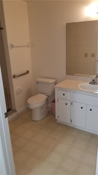 Master bathroom with new toilet and handicap accessible shower