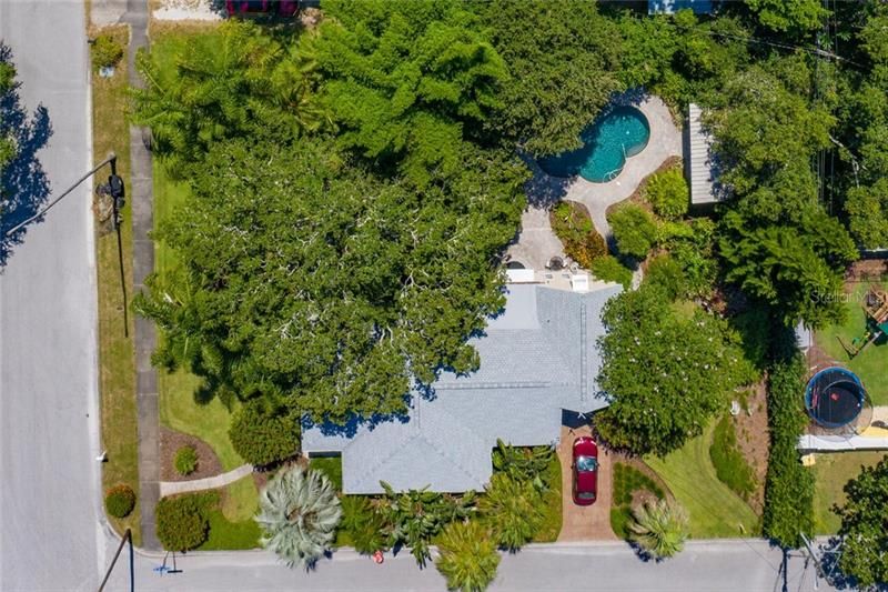 Aerial view of the house on the double size lot