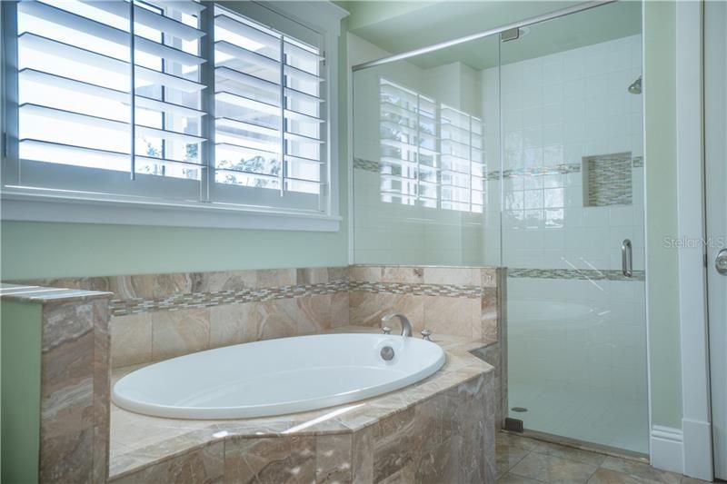 Downstairs Bedroom- spa bathroom, garden tub, shower separate, dual sinks.