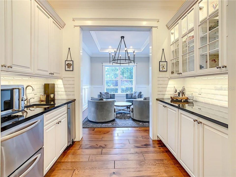 ADDITIONAL VIEW OF THE BAR AREA WITH GLASS CABINETS FOR YOUR PRETTY STEMWARE, LOTS OF COUNTER SPACE AND STORAGE. LOOKS INTO THE SITTING AREA FOR THOSE QUAINT ENTERTAINING MOMENTS.