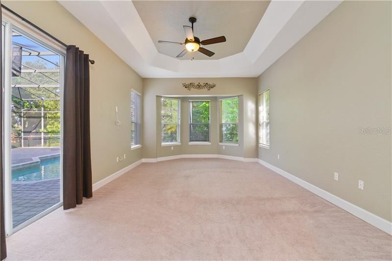 Trey Ceiling. Crown Molding. Sliding glass doors to the pool.