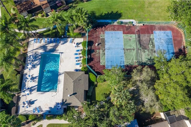 Aerial of pool and tennis courts