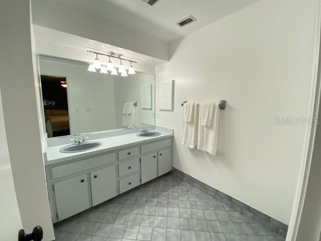 Double vanity and shower in master bath.