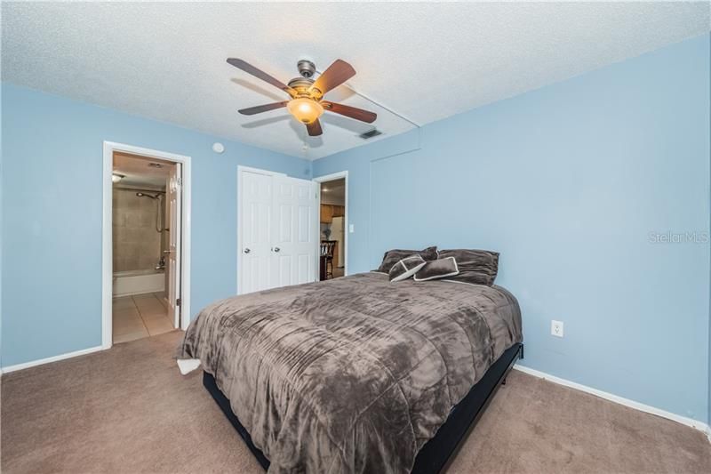 Spacious bedroom with bathroom access, walk-in closet, ceiling fan