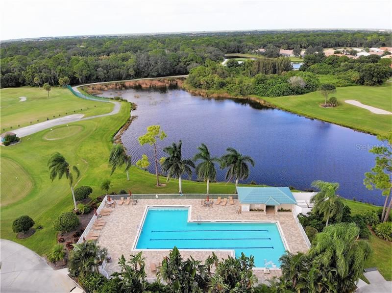 The resort pool at the clubhouse.  The driving range is to the left.