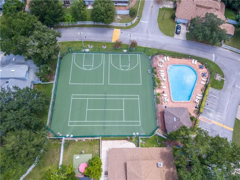 Recently renovated tennis courts and pool area