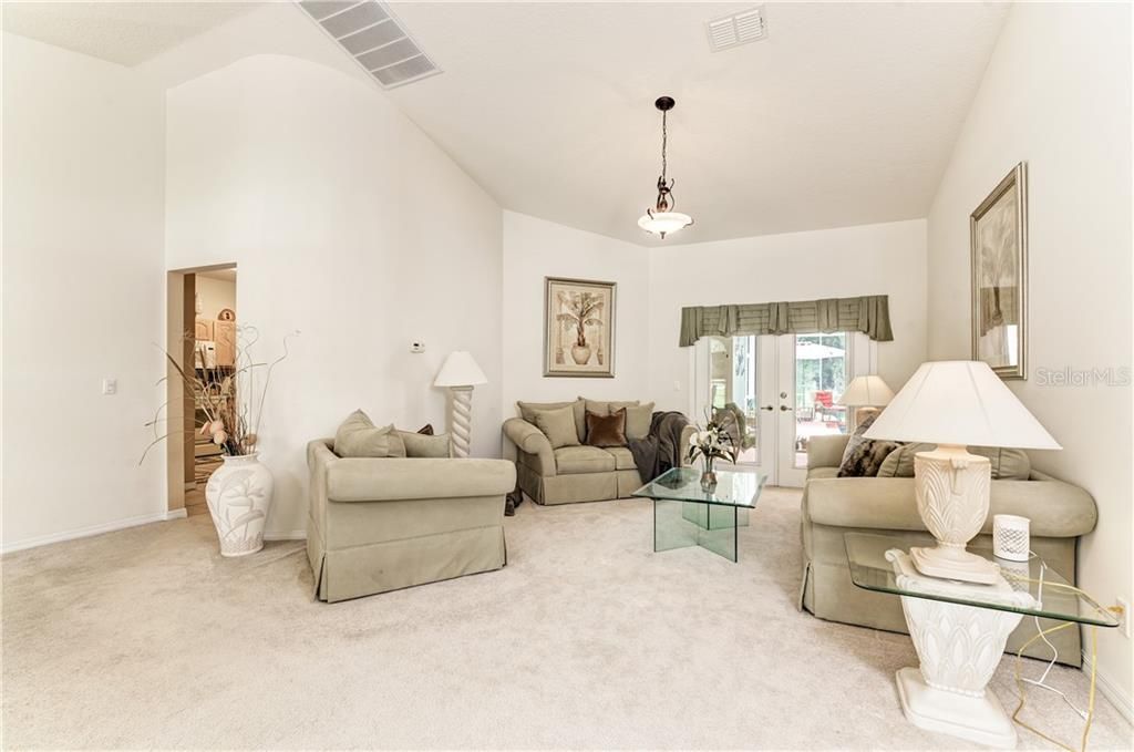 formal living room with tall vaulted ceilings with view to entry to open kitchen living area to the left 20.8'x13.8'