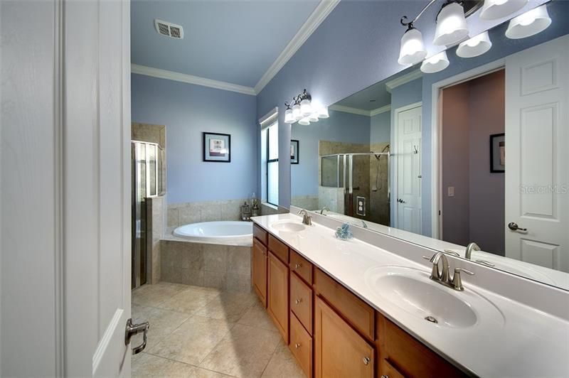 En-Suite Bath with soaking tub, walk-in shower, and spacious linen closet