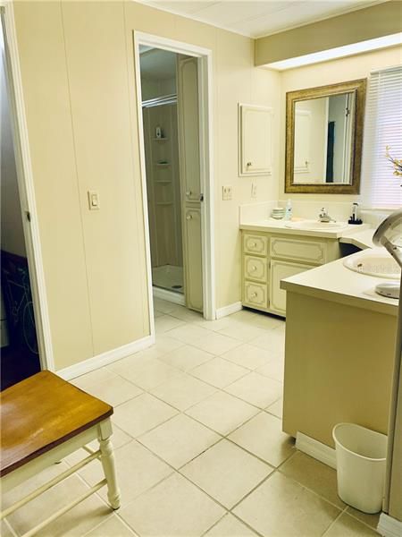 Master on-suite -  plenty of cabinetry in this bath as well as the other bathroom. Door to the left leads to the walk-in closet, other door leads to the private toilet and walk-in shower room.
