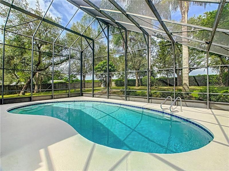 The screened pool and lanai area that is surrounded by lush, mature landscaping and makes this back yard area feel like your private oasis and a perfect place for enjoying friends and relaxing pool side.