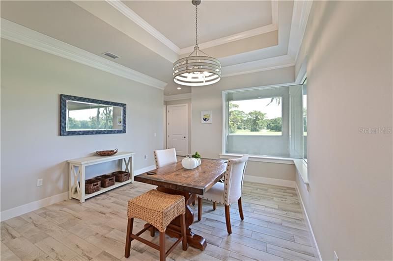 Enjoy intimate dinners or holiday gatherings in your open and airey dinning room with aquairum window, tray ceiling and beautiful light fixture.