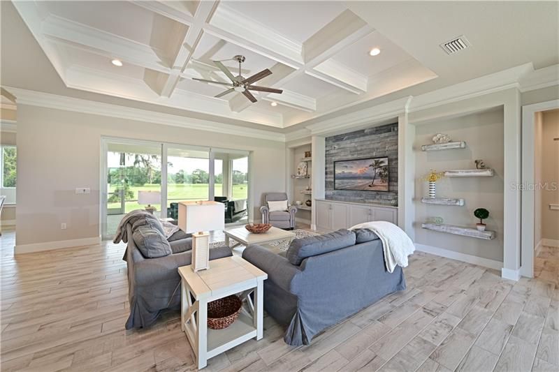 Warm and inviting, coffered ceiling, living room.