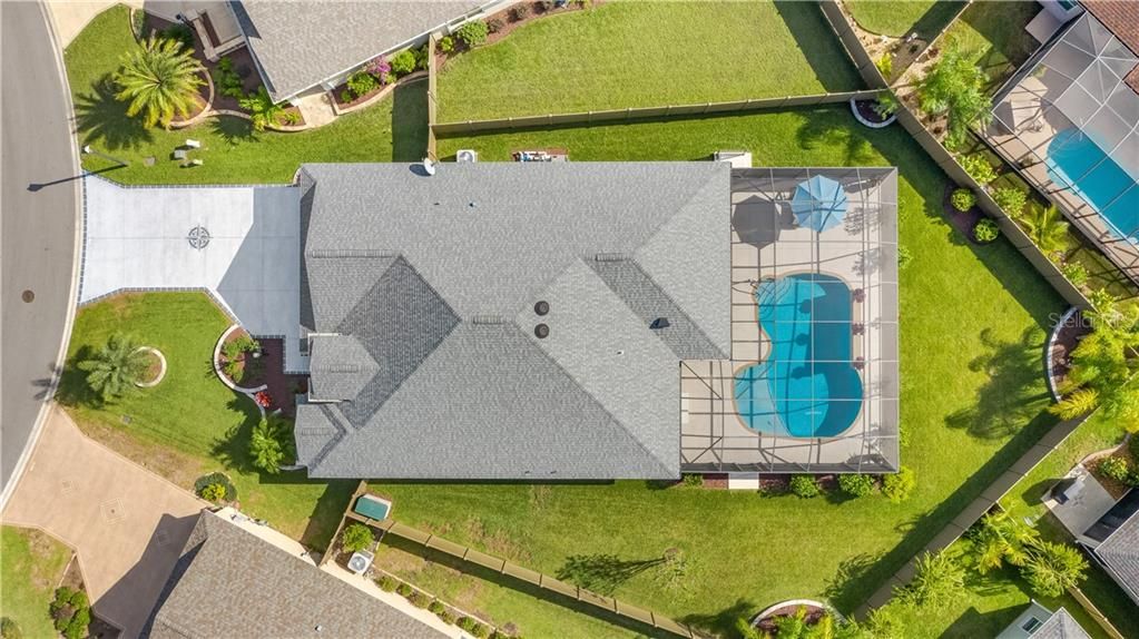 Over head view of home, yard & pool
