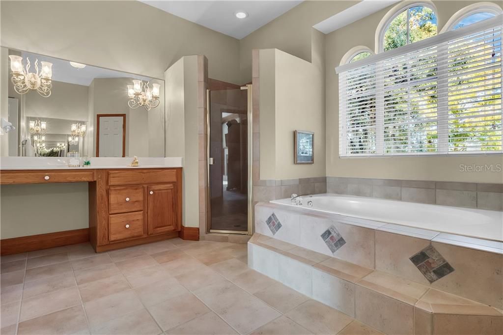 The en-suite bath has separate vanities, jetted tub, and separate shower.