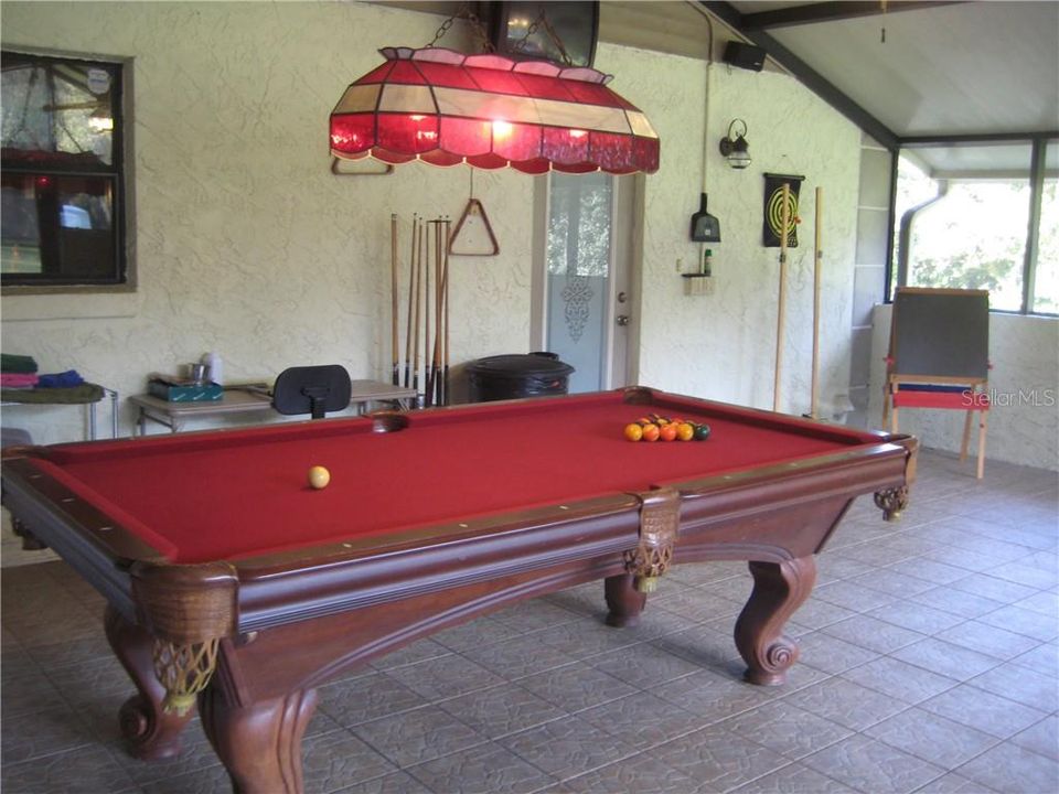Pool table, light and mounted television stays!  The door in the background enters into the laundry to the kitchen.