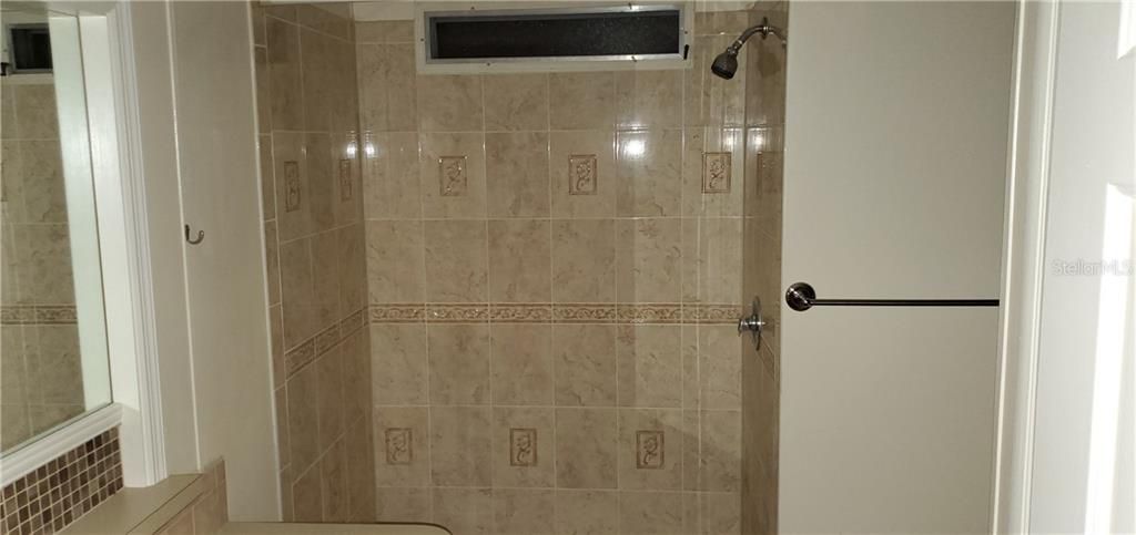 Hall bathroom has lovely remodeled walk in shower