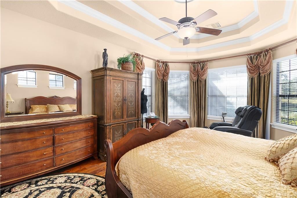 Luxurious master suite with double tray ceilings and plenty of windows for natural lighting.