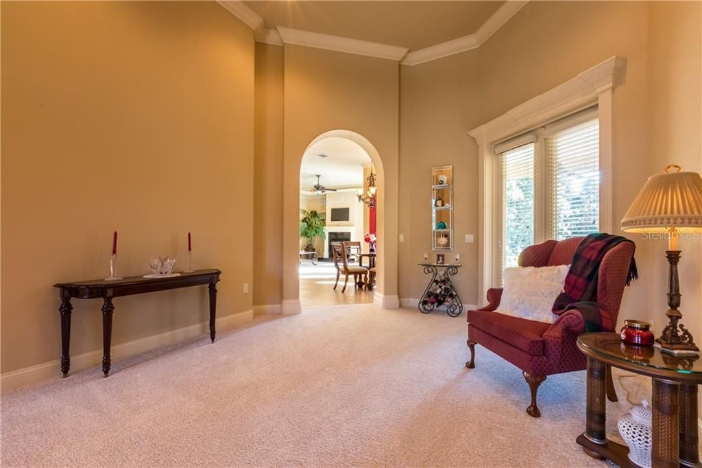 Impressive 14' ceilings surrounded with 8" crown molding, 6" baseboards, Arch Doorway that leads to Dinette, French Doors that lead to lanai framed with cornice molding.