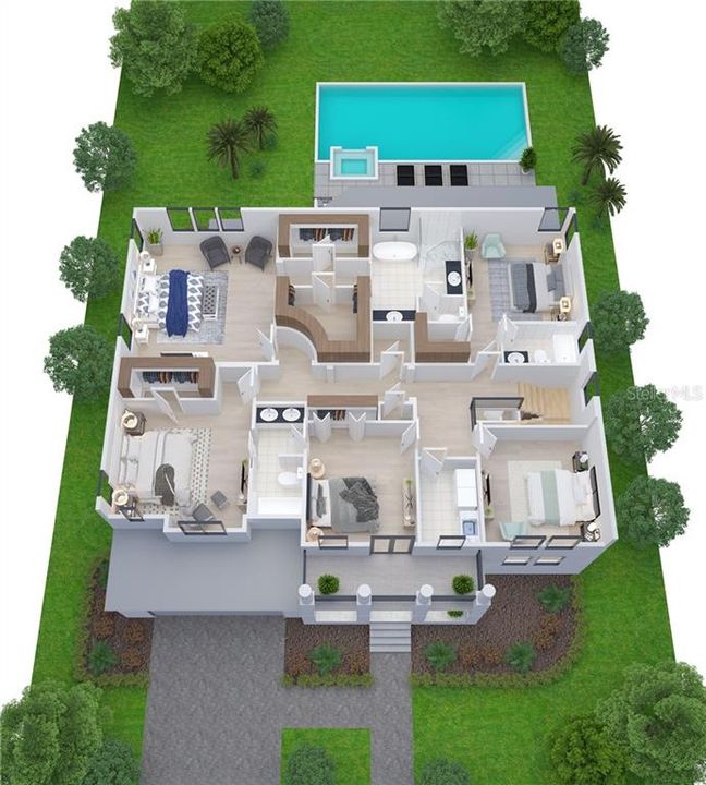 Rendering of Second Floor Plan: (pool is not included in purchase price but is available as an upgrade)