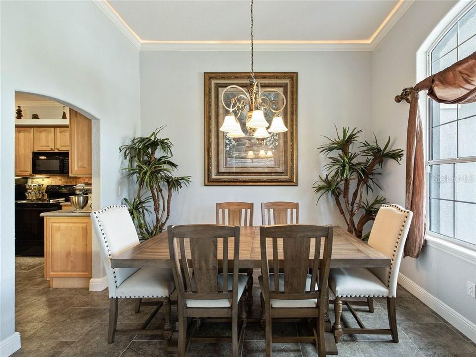 Formal Dining Room with with soaring 11'-3" ceilings, crown molding with ambient lighting with arched opening into the Kitchen.