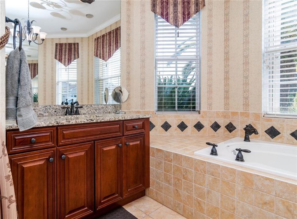 High vanity with upgraded cabinets and garden tub