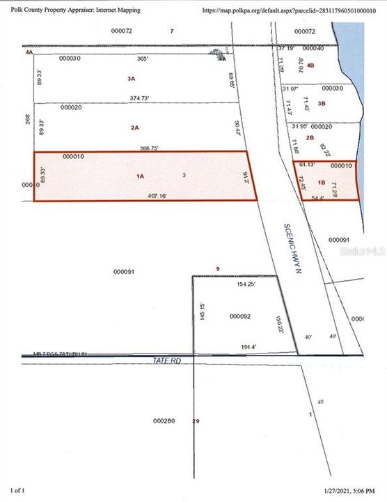 PLAT SHOWING LOT 1A & 1B ON LAKE MOODY