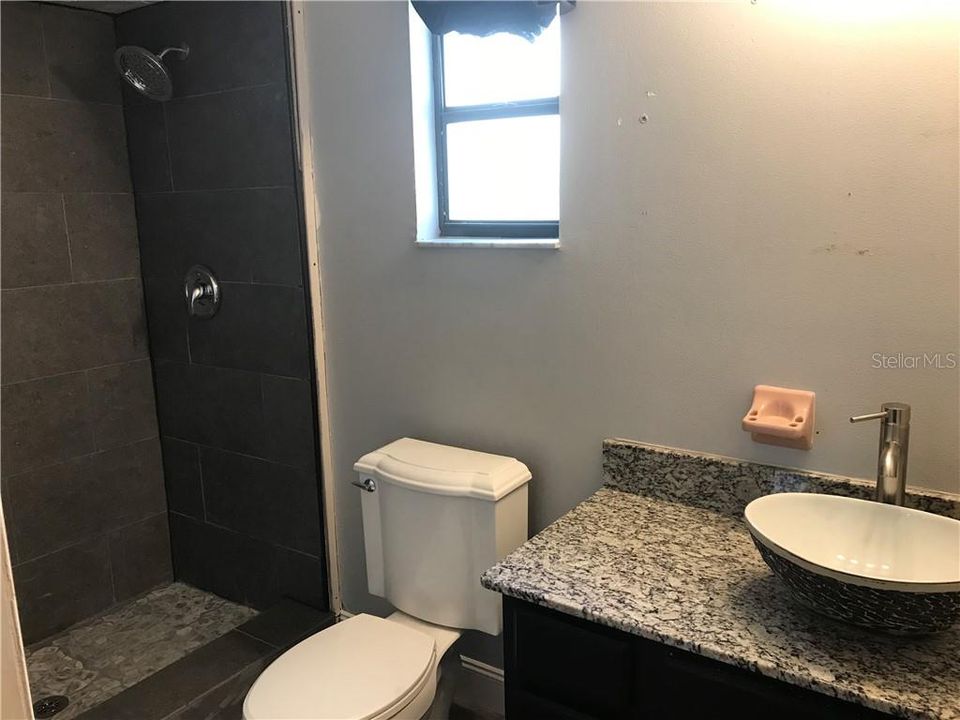 Newly remodeled primary bathroom with closet.