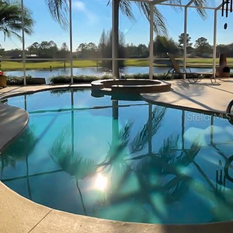 Saltwater pool with elevated, heated spa overlooks the large pond with golf course beyond.