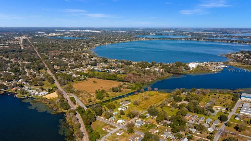 Aerial view of Winter Haven Chain of Lakes - from Lake Shipp to your left, and the canal leading to Lake May on your right and Lake Howard beyond.